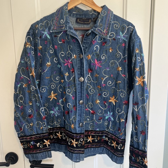 Lifestyle Jackets & Blazers - Life Style Women's Floral Embroidered Denim Jacket Sz Large Casual Button Up